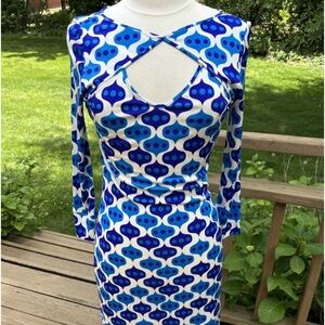 Jules Reid Silk jersey Dress, Blue and White Geometric pattern, size 10, EUC
